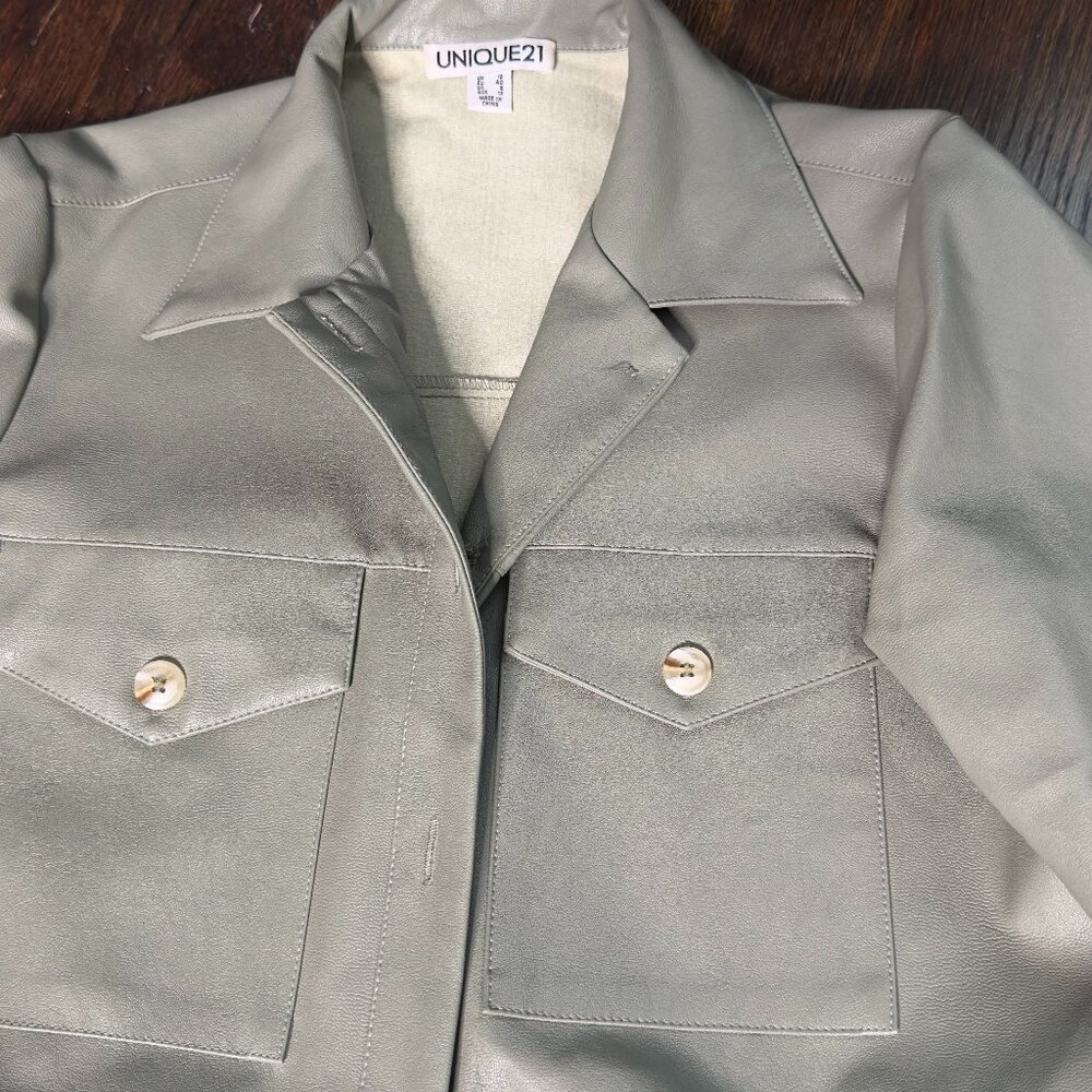Unique21 Sage Green Faux Leather Shacket | Size 4 | Like New